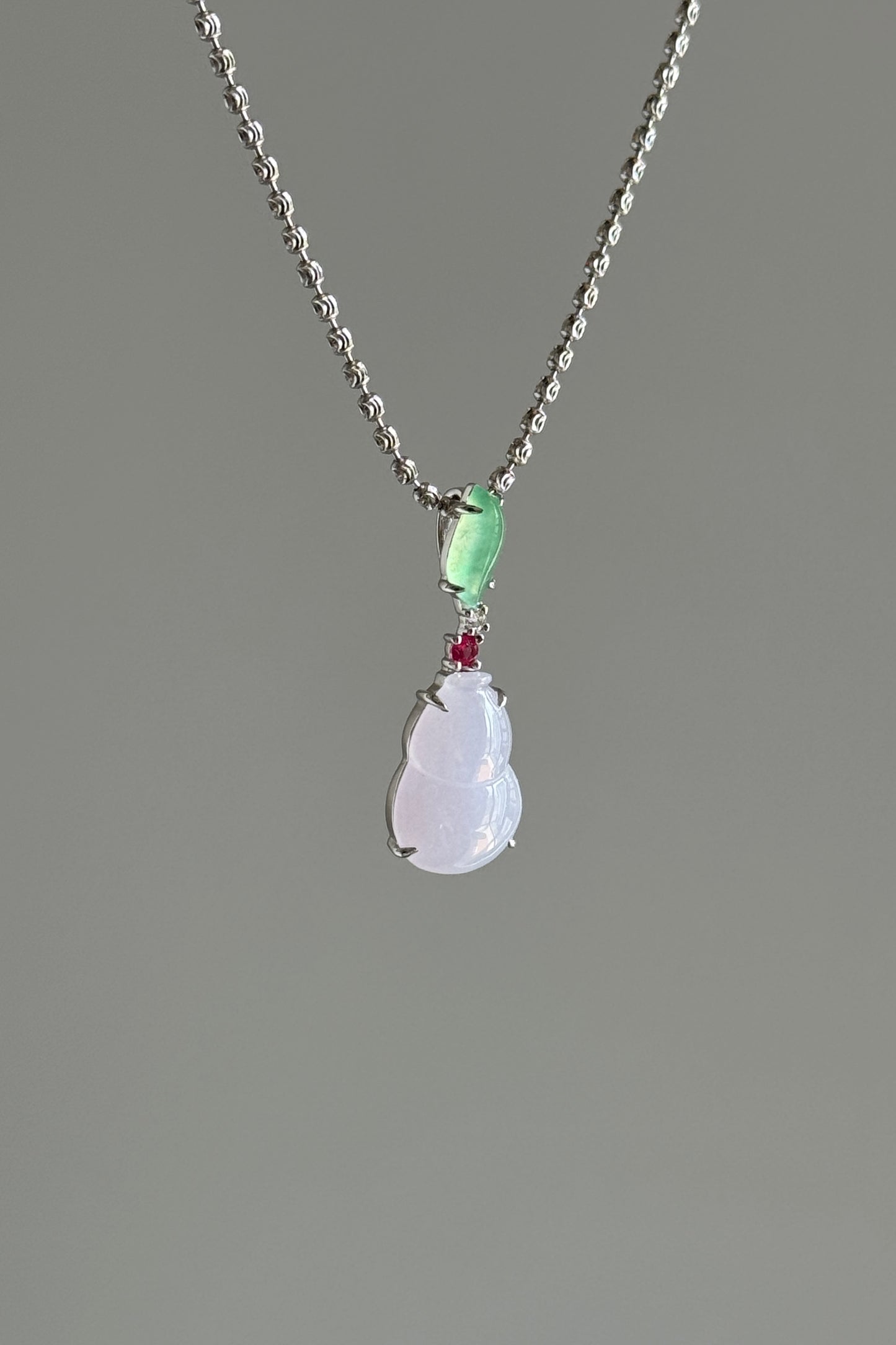 #P0537 "Hulu/Gourd" Icy Pink Lavender & Sun Green Jadeite Jade 18K White Gold Pendant