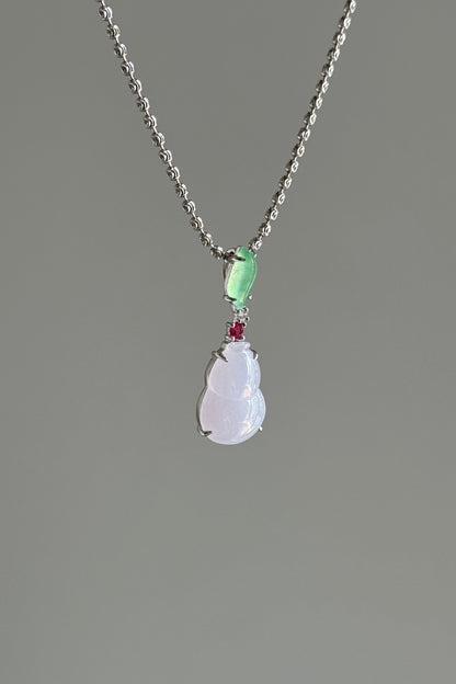 #P0537 "Hulu/Gourd" Icy Pink Lavender & Sun Green Jadeite Jade 18K White Gold Pendant