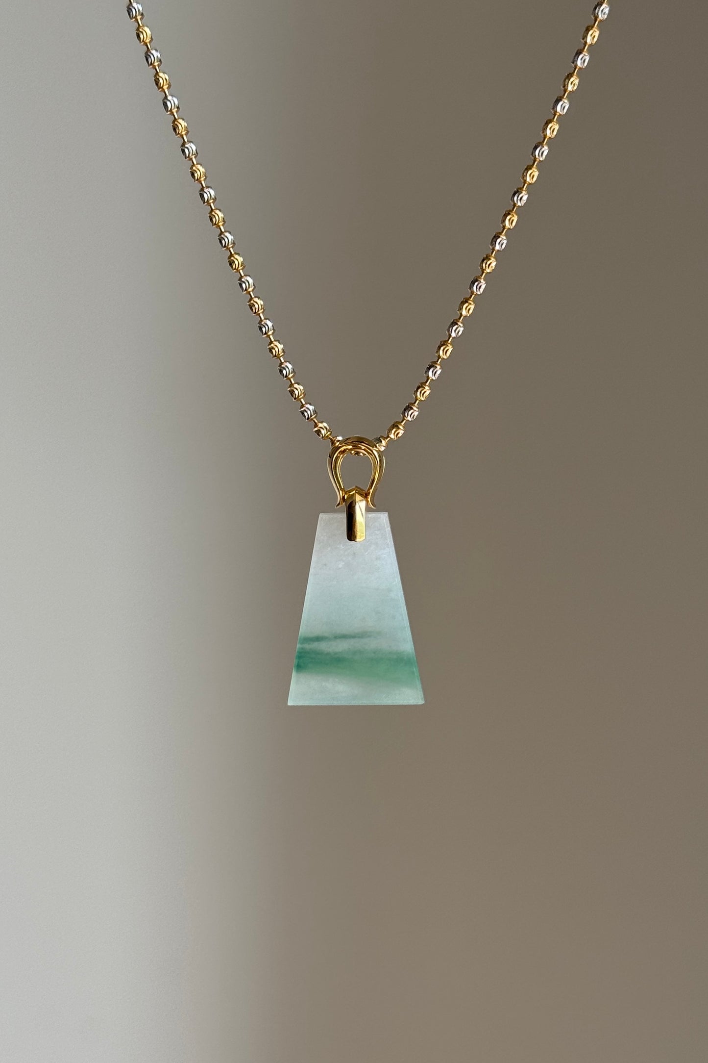 #P0518 "Wushi/Peace" Icy Sun Green White Jadeite Jade Peace 18K Yellow Gold Pendant
