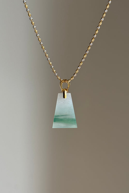 #P0518 "Wushi/Peace" Icy Sun Green White Jadeite Jade Peace 18K Yellow Gold Pendant