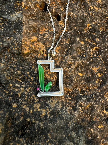 "Cactus" Icy Sun Green Jadeite Jade 18K White Gold Ruby Pendant