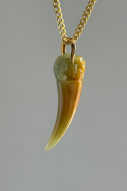 #P0560 "Dragon's Fang" Golden Yellow Green Jadeite Jade 18K Yellow Gold Pendant