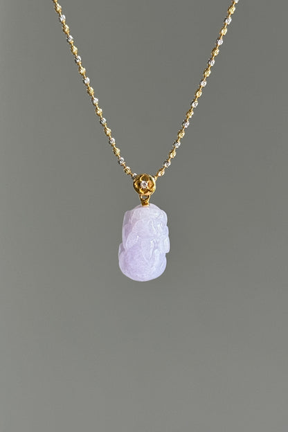 #P0497 "Pixiu" Icy Pink Lavender Jadeite Jade 18K Yellow Gold Pendant