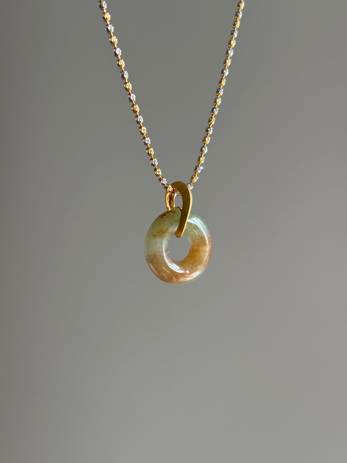 #P0524 "Bi" Icy Yellow Red Flower Jadeite Jade Donut 18K Yellow Gold Pendant