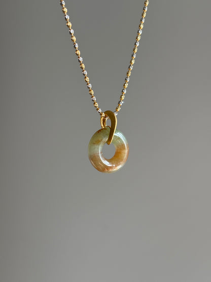 #P0524 "Bi" Icy Yellow Red Flower Jadeite Jade Donut 18K Yellow Gold Pendant