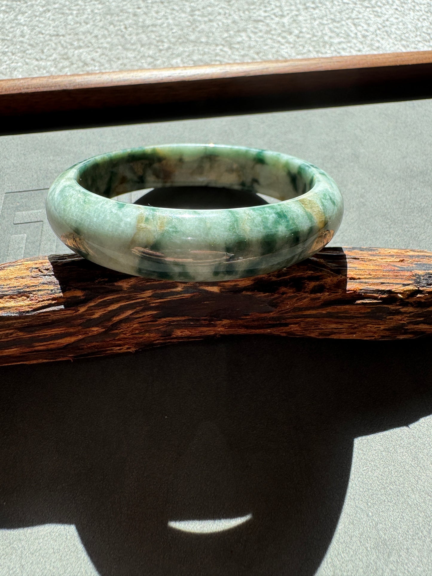 #0348 "Camouflage" Forest Green Yellow White Jade Bangle Size 56.6