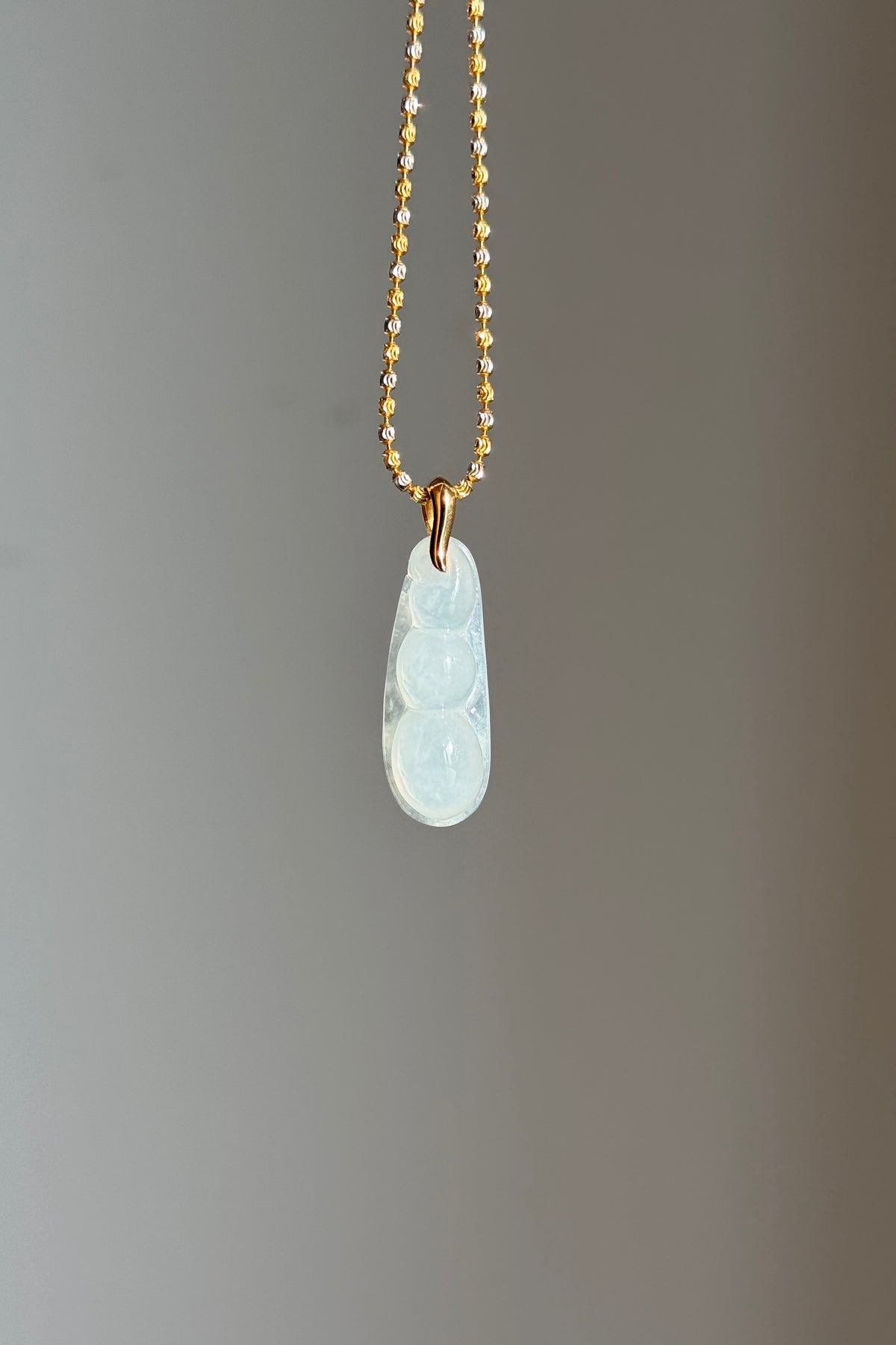 #P0567"Fortune Bean" Highly Icy White Jadeite Jade 18K Yellow Gold Pendant