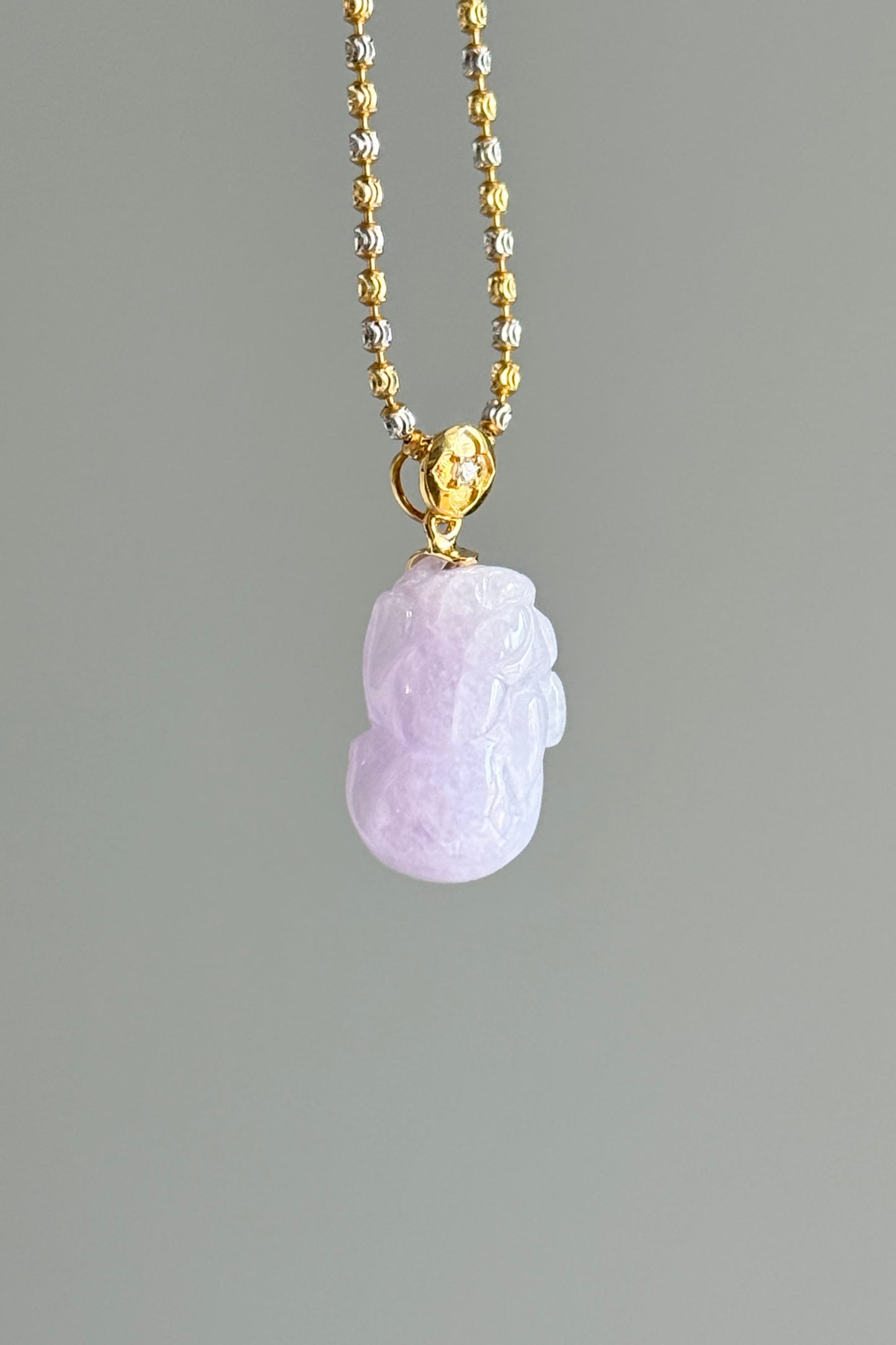 #P0497 "Pixiu" Icy Pink Lavender Jadeite Jade 18K Yellow Gold Pendant