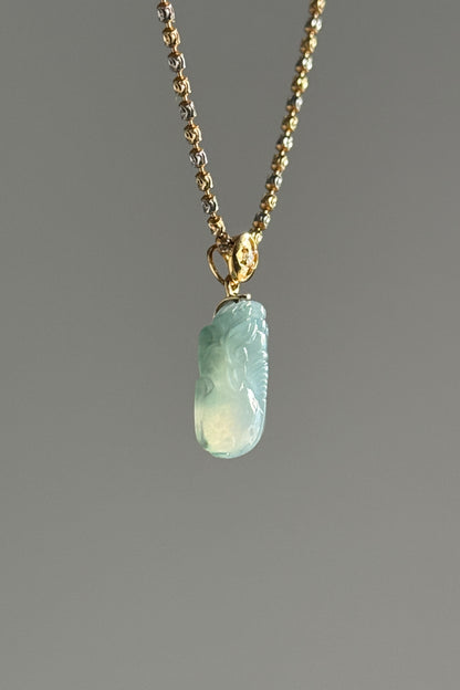 #P0496 "Pixiu" Icy Blue Green Jadeite Jade 18K Yellow Gold Pendant