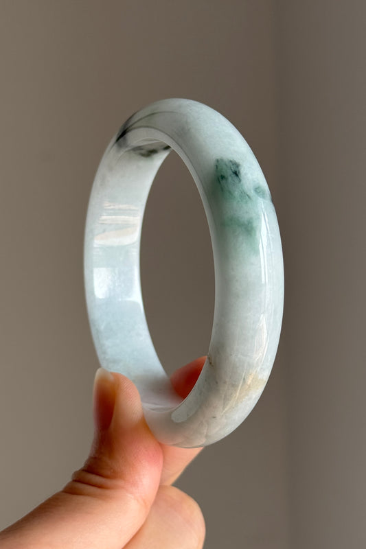 #0402 White Green Ink Flower Jade Bangle Size 56.5
