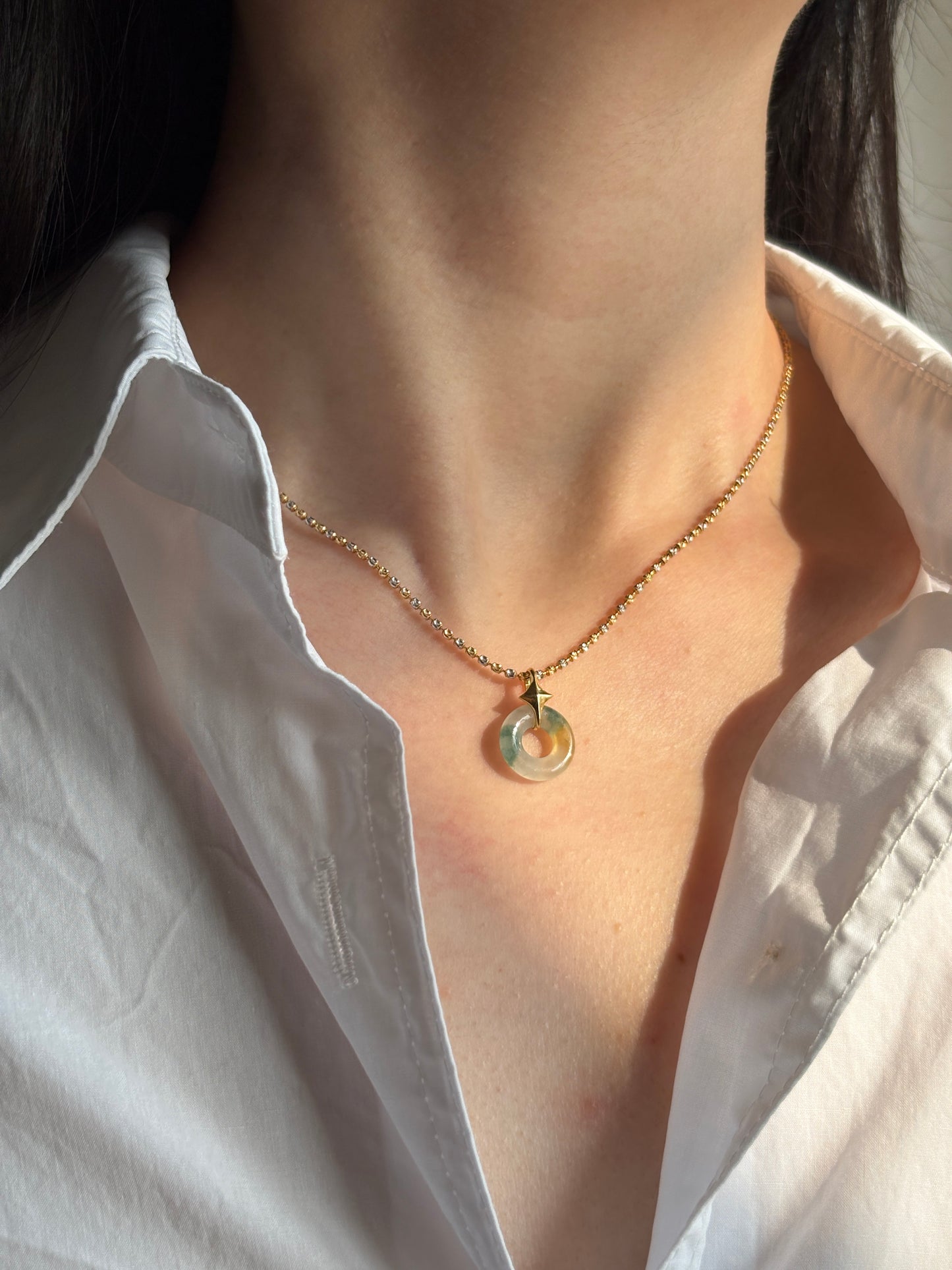 #P0525 "Bi" Highly Icy Golden Yellow Green Petite Jadeite Jade Donut 18K Yellow Gold Pendant