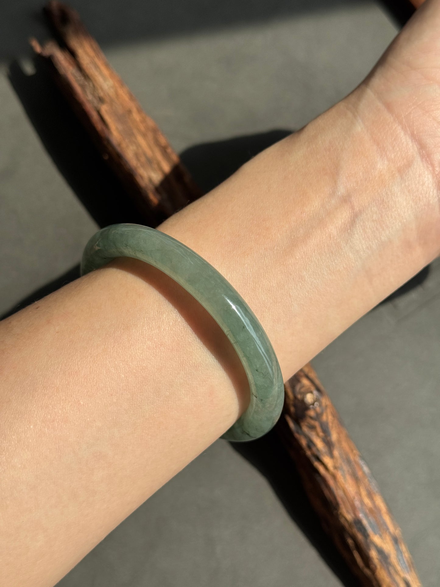 #0395 Highly Icy Olive Green Jade Bangle Size 52.6 (fits up to 54.6)
