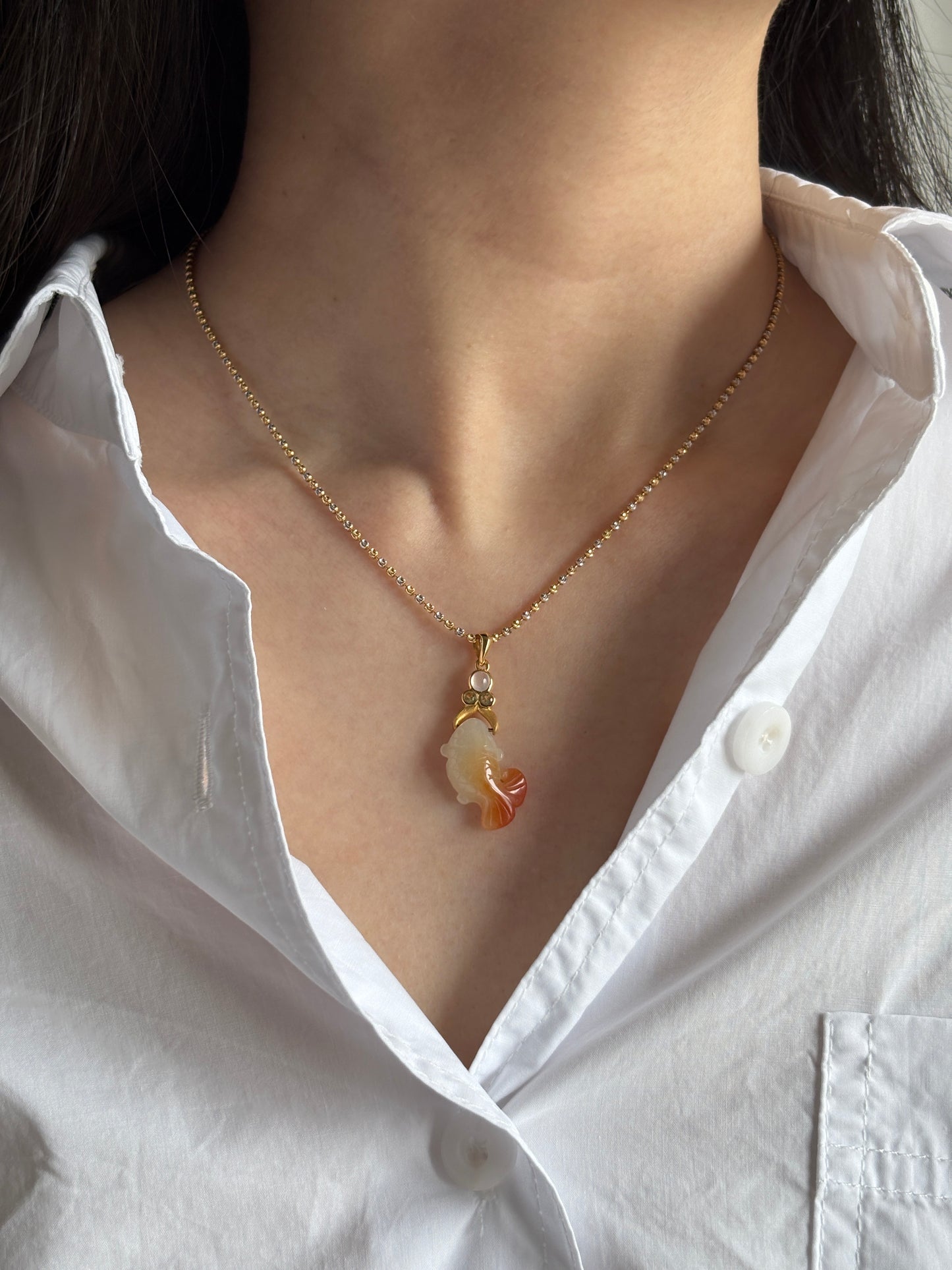 #P0548 "Goldfish" Icy Red Jadeite Jade 18K Yellow Gold Pendant