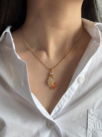 #P0548 "Goldfish" Icy Red Jadeite Jade 18K Yellow Gold Pendant