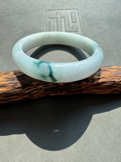 #0436 Icy Bluish Green Flower Jade Bangle Size 55