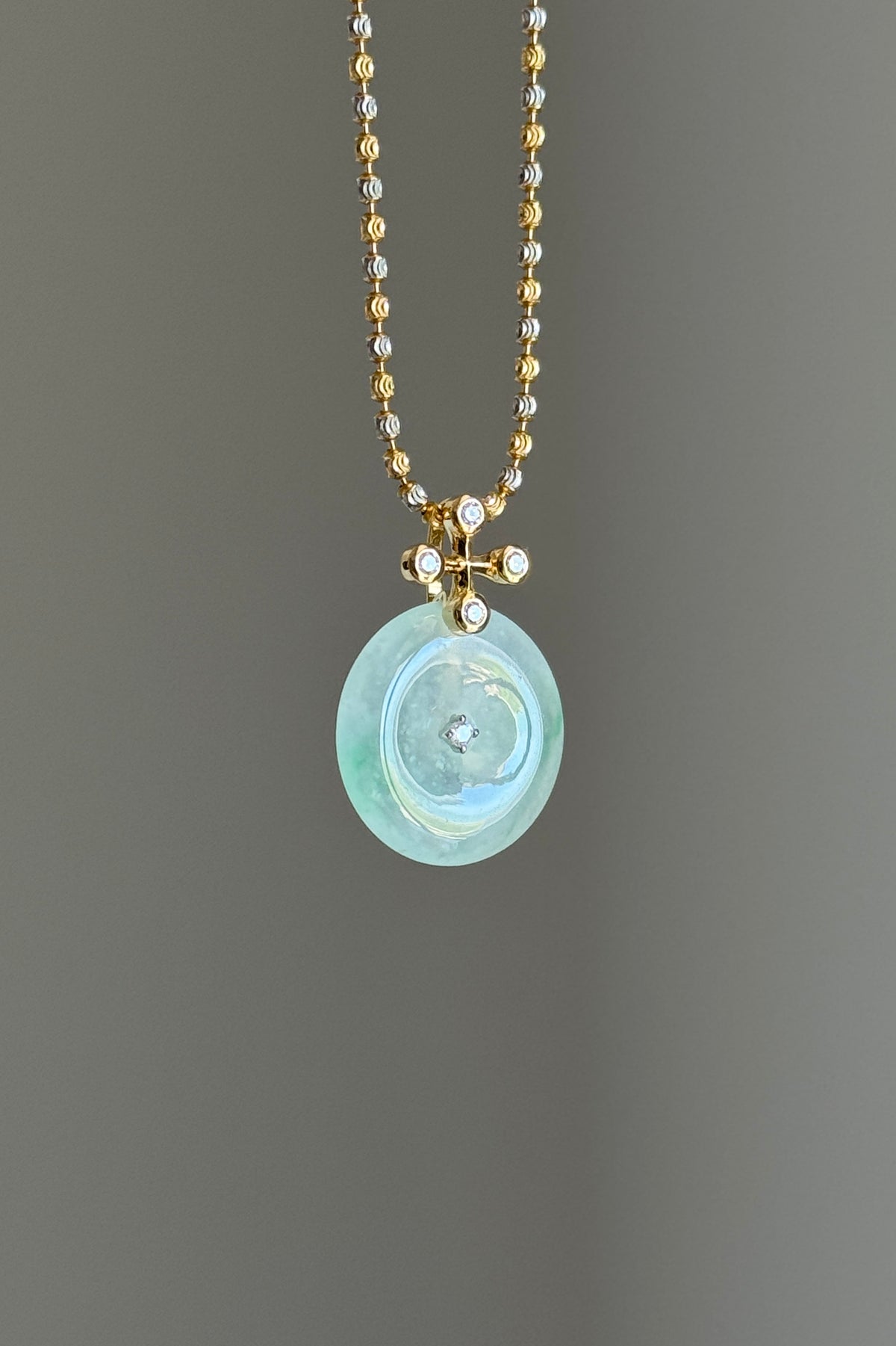 #P0571 "Blossom Bi" Highly Icy White Sun Green Jadeite Jade Donut 18K Yellow Gold Pendant