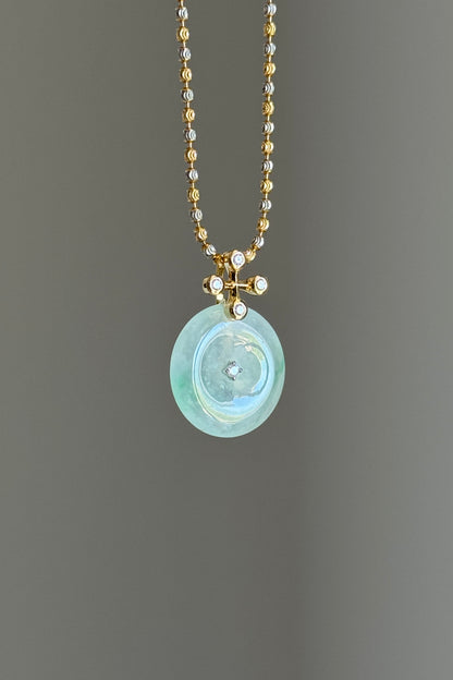 #P0571 "Blossom Bi" Highly Icy White Sun Green Jadeite Jade Donut 18K Yellow Gold Pendant