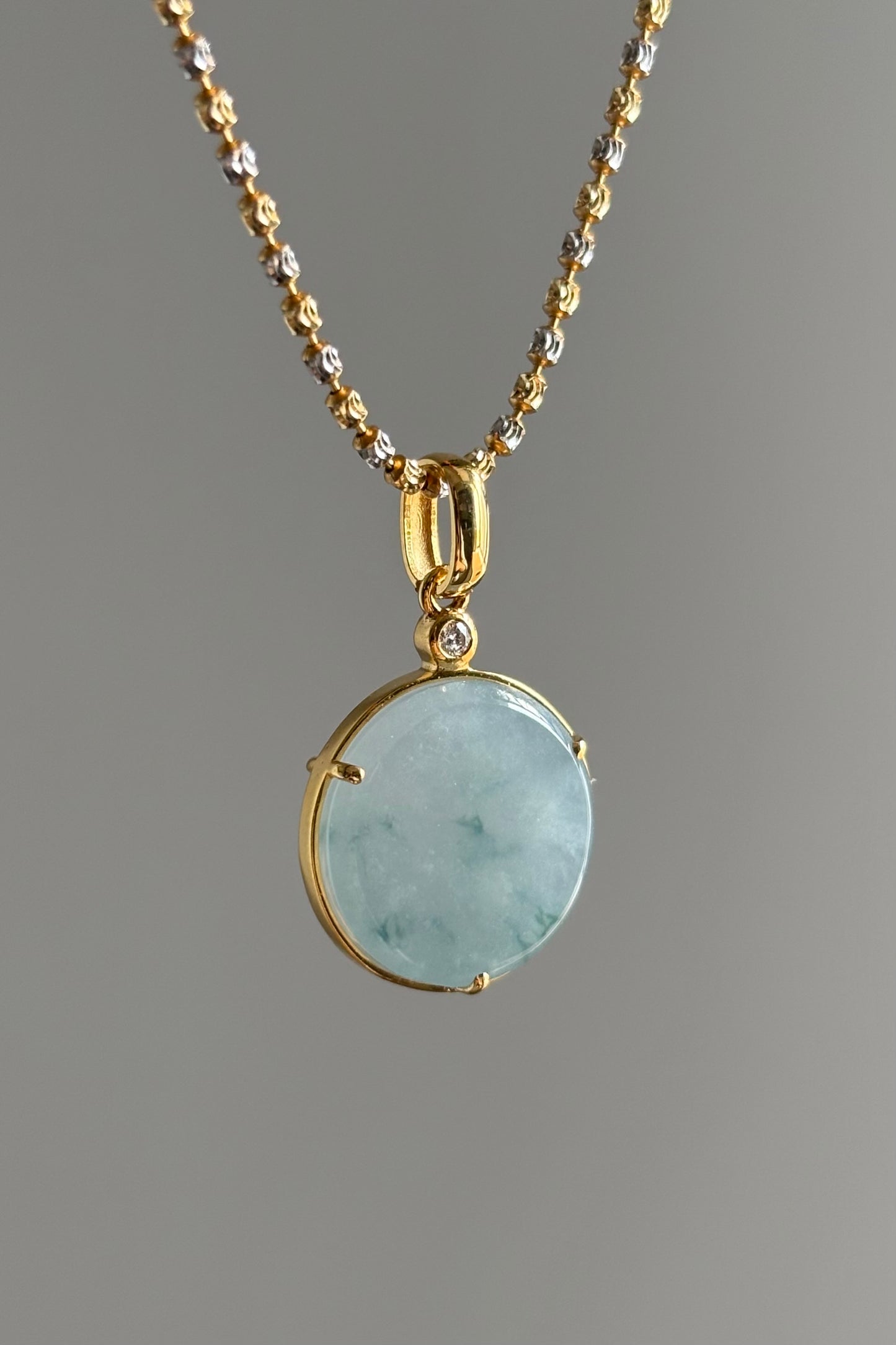 #P0463 "Wushi/Peace" Icy Lavender Green Flower Jadeite Jade 18K Yellow Gold Pendant
