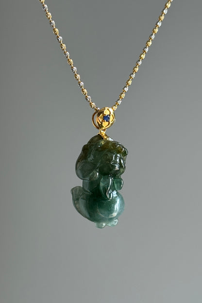#P0523 "Pixiu" Icy Rich Blue Water Green Yellow Jadeite Jade 18K Yellow Gold Pendant