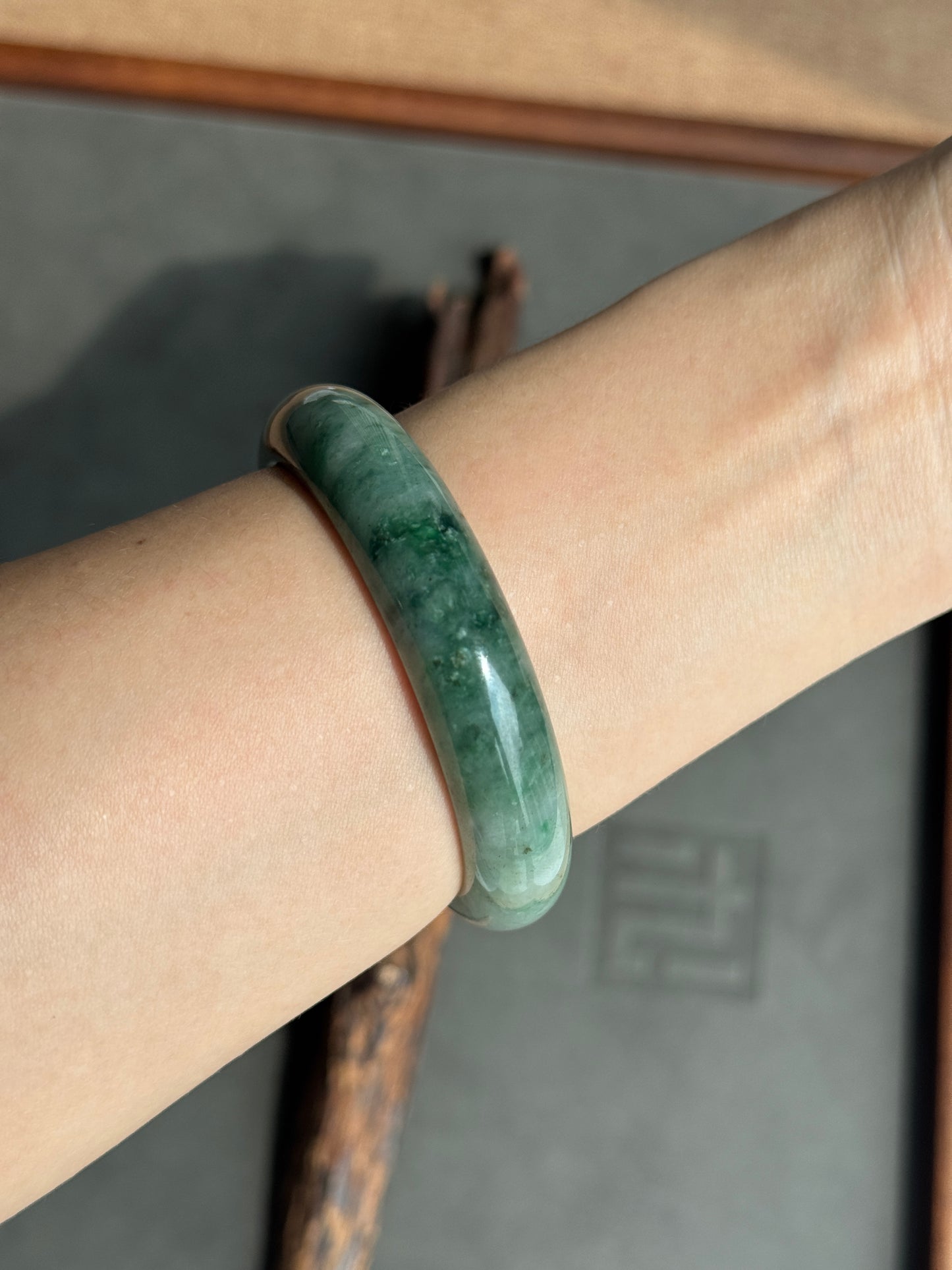 #0393 Icy Rich Green Jade Bangle Size 53.6