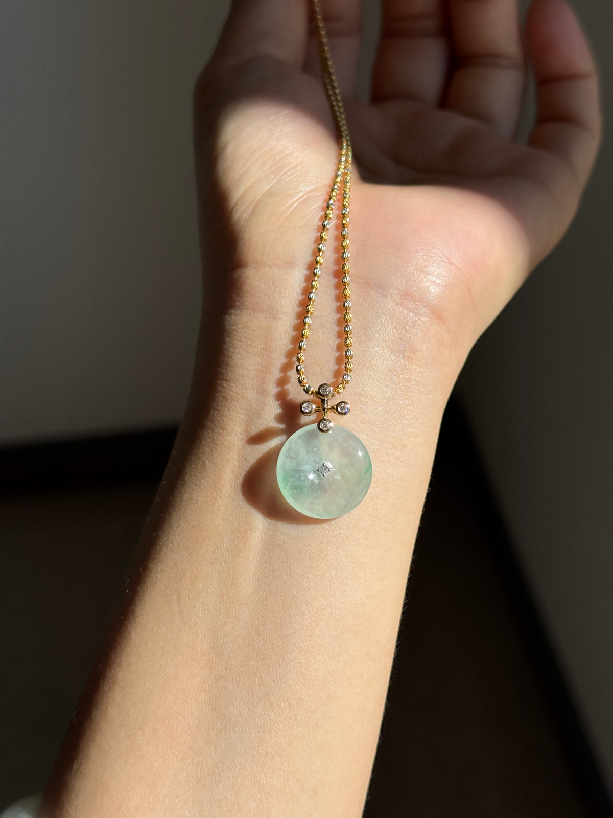 #P0571 "Blossom Bi" Highly Icy White Sun Green Jadeite Jade Donut 18K Yellow Gold Pendant