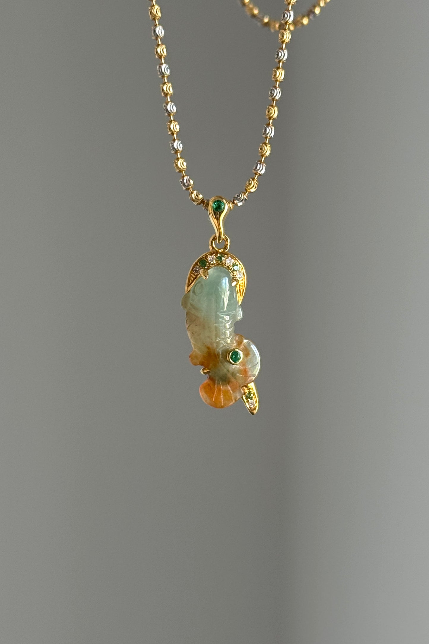#P0562 "Goldfish" Icy Orange Red Jadeite Green Jade 18K Yellow Gold Pendant