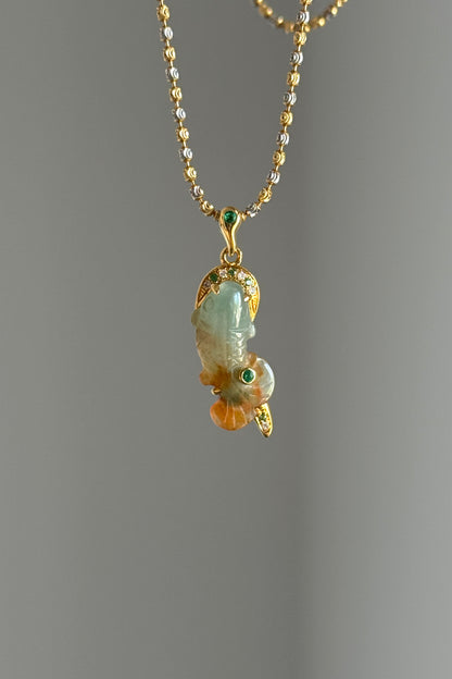 #P0562 "Goldfish" Icy Orange Red Jadeite Green Jade 18K Yellow Gold Pendant