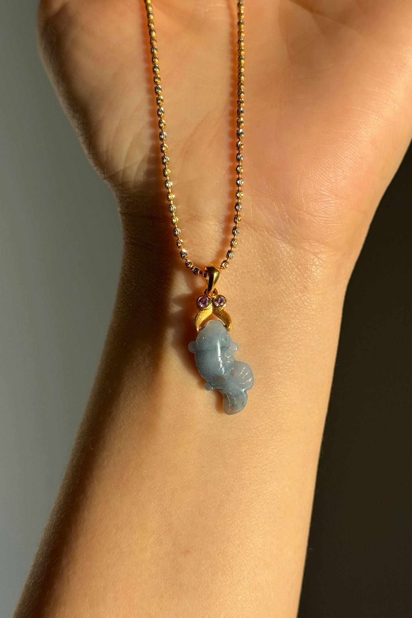 #P0520 "Monet Goldfish" Icy Rich Lavender Green Red Flower Jadeite Jade 18K Yellow Gold Pendant