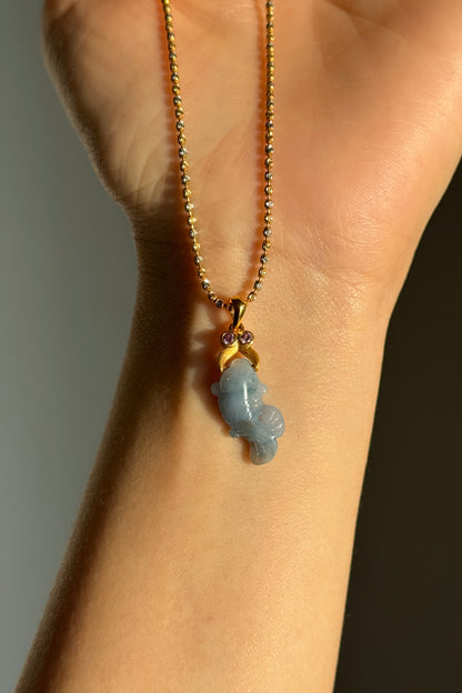 #P0520 "Monet Goldfish" Icy Rich Lavender Green Red Flower Jadeite Jade 18K Yellow Gold Pendant