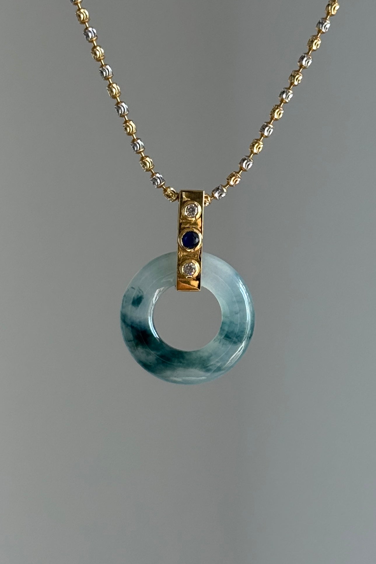 #P0451 "Bi" Icy Blue Jadeite Jade Donut 18K Yellow Gold Sapphire VS Diamonds Pendant