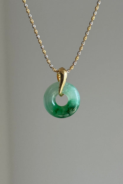#P0454 "Bi" Icy Sun Green Jadeite Jade Donut 18K Yellow Gold Pendant