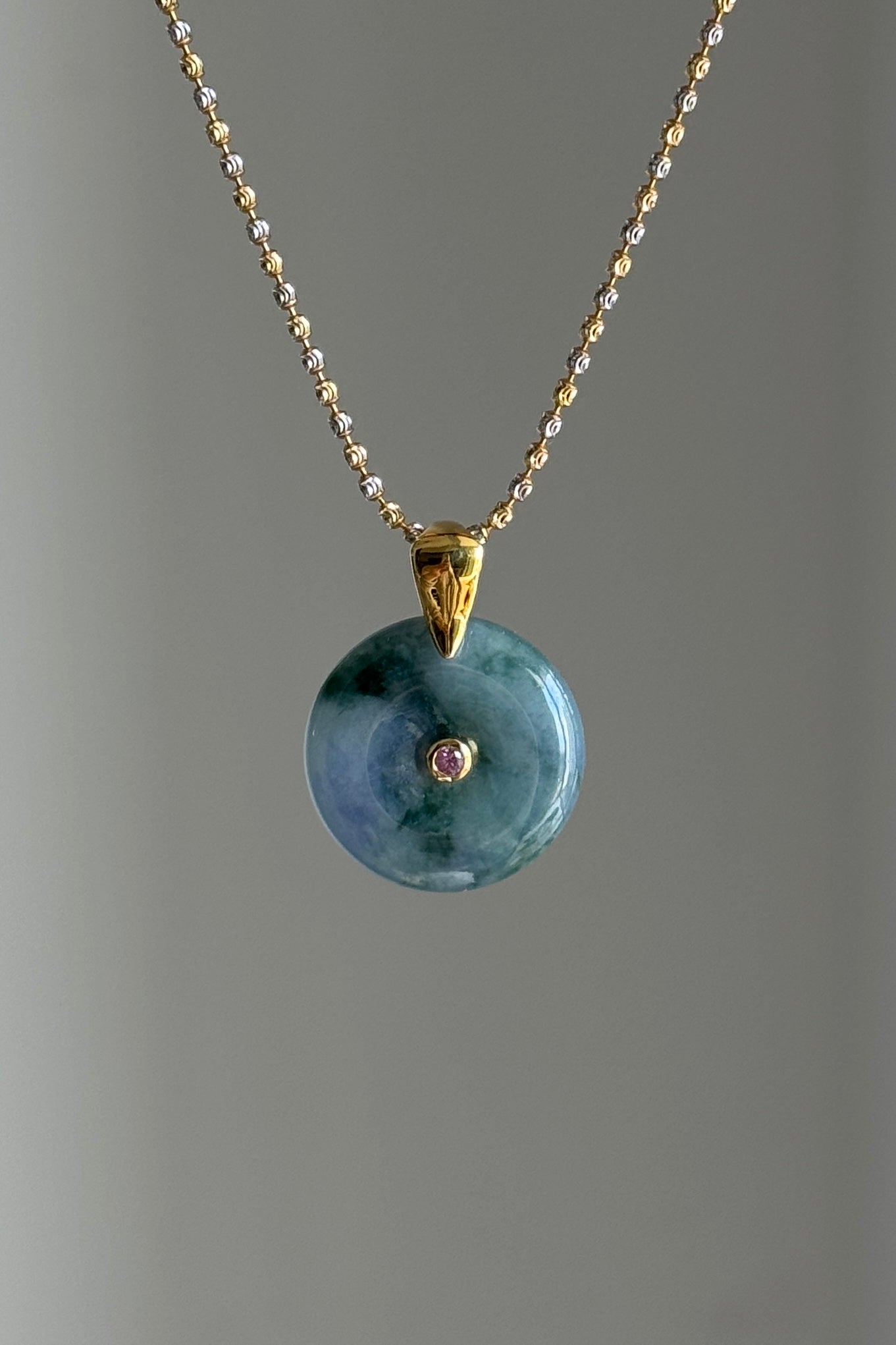 #P0448 "Ping An Kou" Icy Monet Lavender & Green Jadeite Jade Donut 18K Yellow Gold Pendant