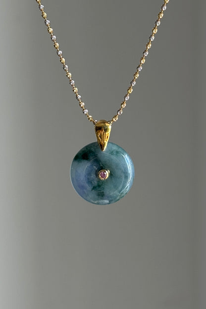 #P0448 "Ping An Kou" Icy Monet Lavender & Green Jadeite Jade Donut 18K Yellow Gold Pendant