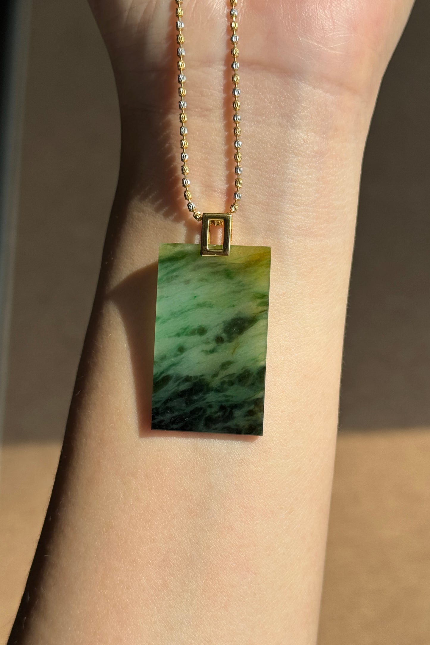 #P0510 "Wushi/Peace" Icy Sun Green Yellow Dark Green Jadeite Jade Peace 18K Yellow Gold Pendant