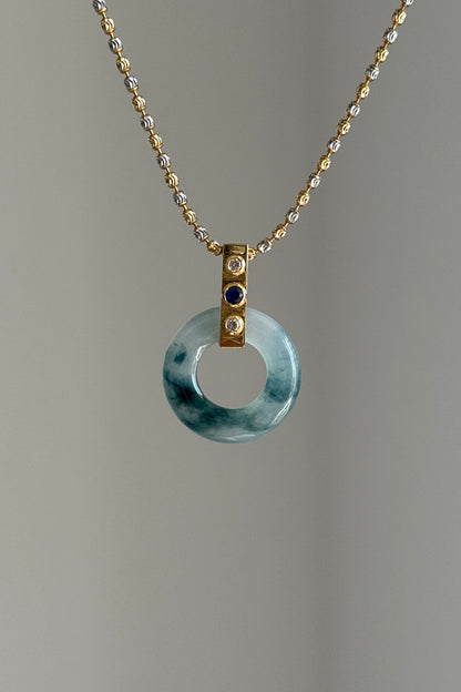#P0451 "Bi" Icy Blue Jadeite Jade Donut 18K Yellow Gold Sapphire VS Diamonds Pendant