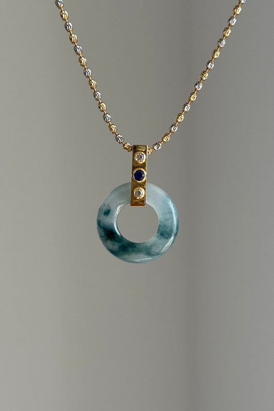 #P0451 "Bi" Icy Blue Jadeite Jade Donut 18K Yellow Gold Sapphire VS Diamonds Pendant