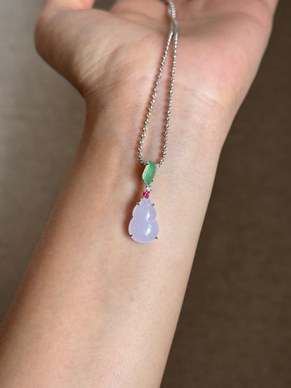 #P0537 "Hulu/Gourd" Icy Pink Lavender & Sun Green Jadeite Jade 18K White Gold Pendant