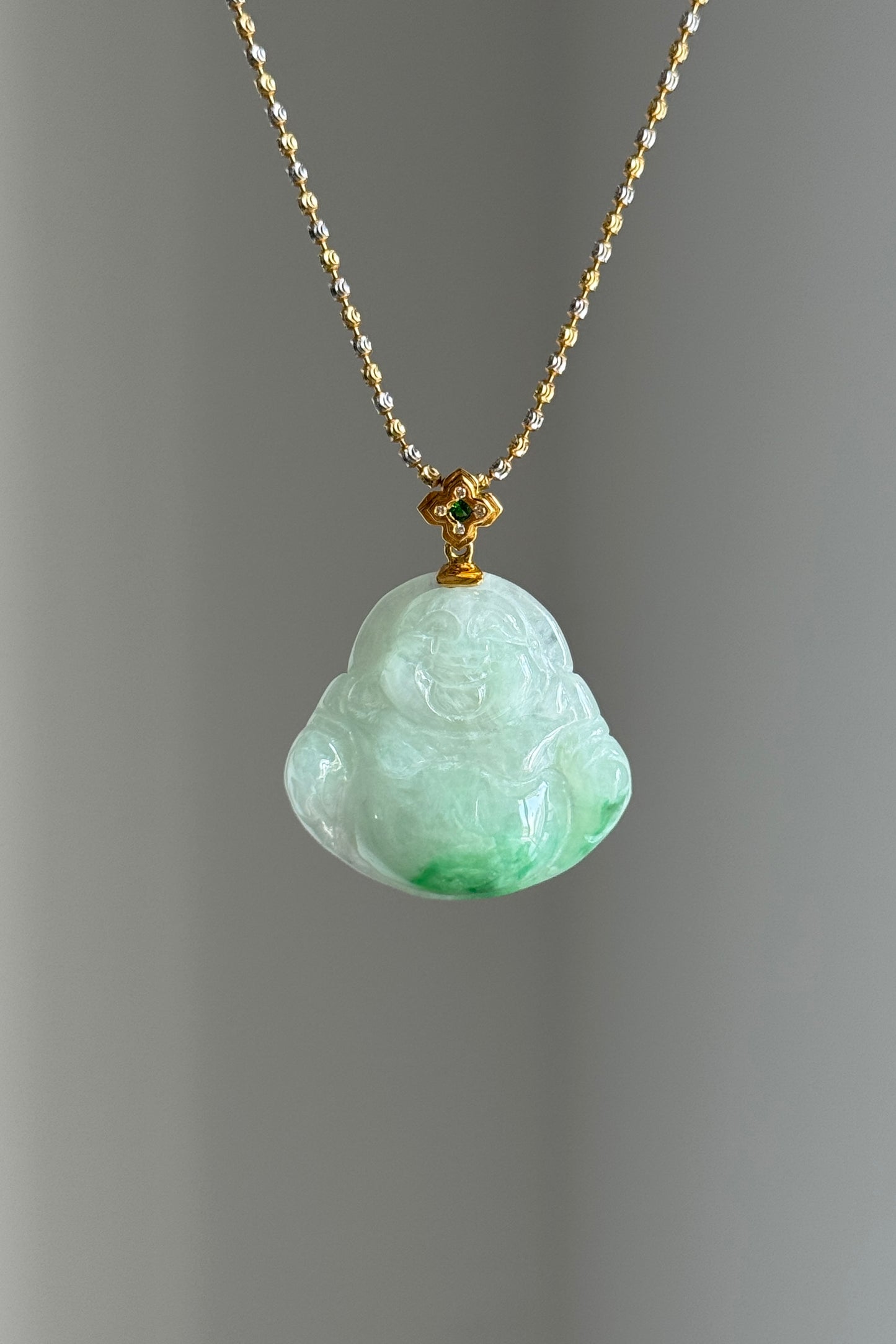#P0462 Icy Sun Green Jadeite Jade Buddha 18K Yellow Gold Pendant