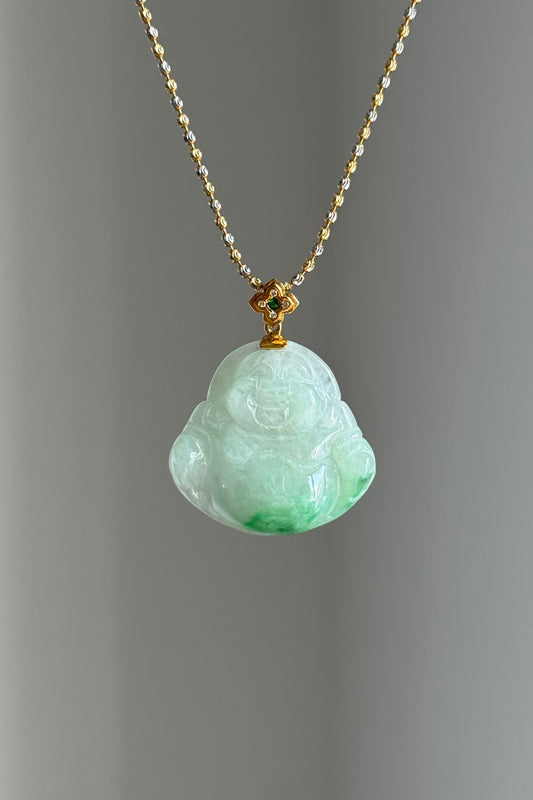 #P0462 Icy Sun Green Jadeite Jade Buddha 18K Yellow Gold Pendant