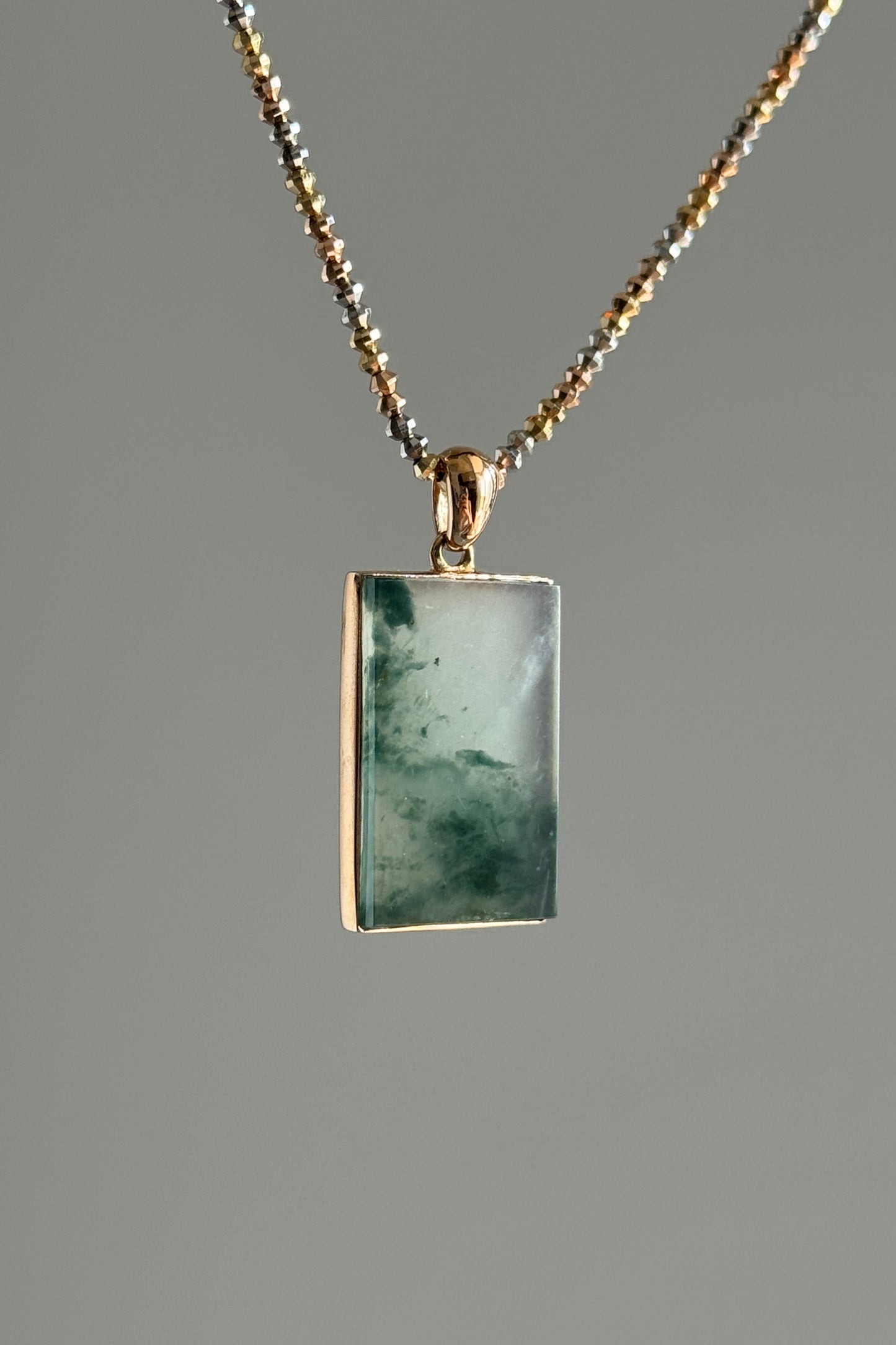 #P0486 "Wushi/Peace" Highly Icy Bluish Green Jadeite Jade Peace 18K Rose Gold Pendant