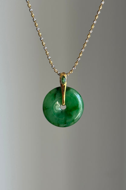#P0447 "Ping An Kou" Silky Rich Green Jadeite Jade Donut 18K Yellow Gold Pendant