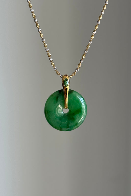 #P0447 "Ping An Kou" Silky Rich Green Jadeite Jade Donut 18K Yellow Gold Pendant