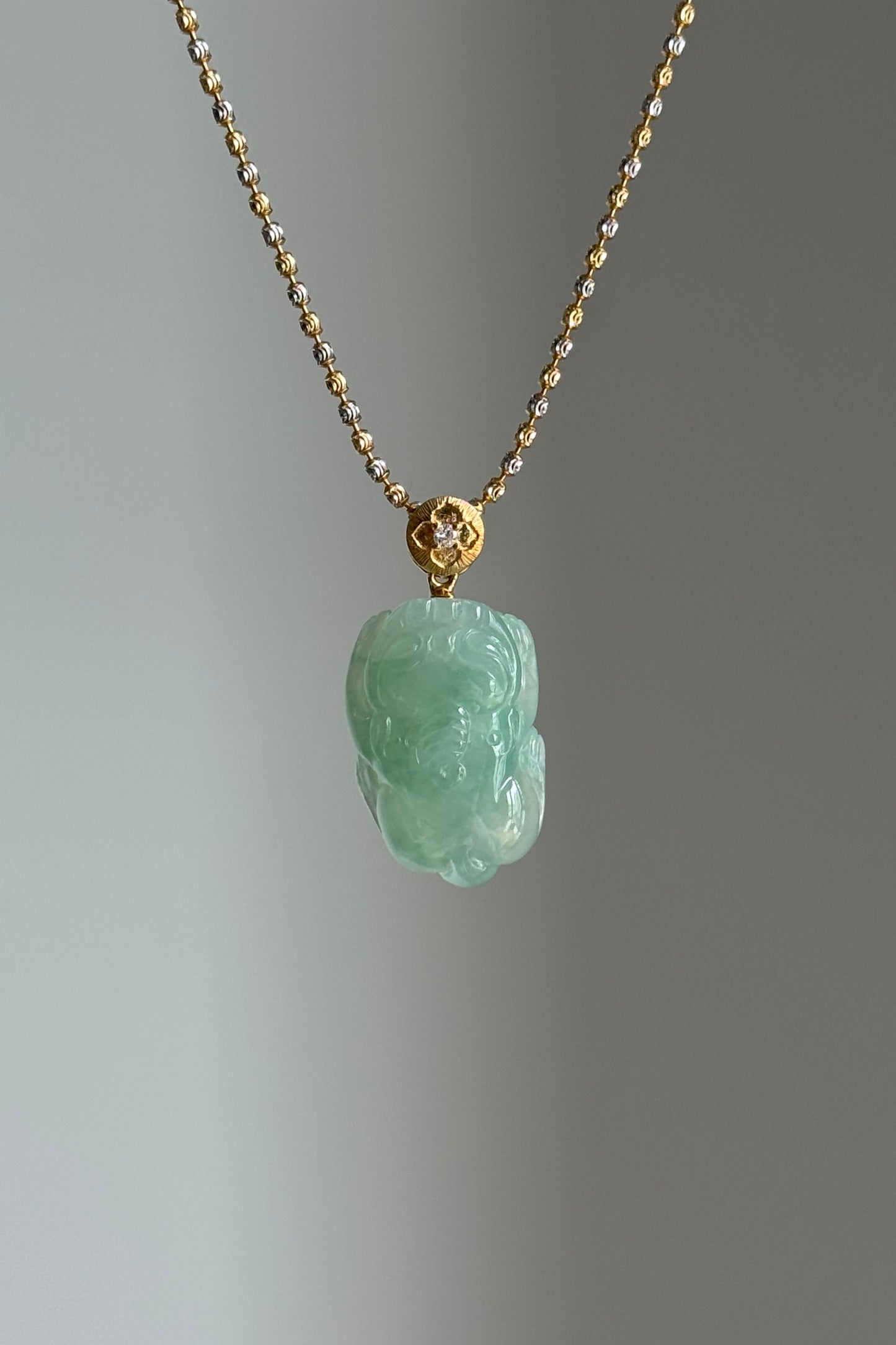#P0494 "Pixiu" Highly Icy Green Jadeite Jade 18K Yellow Gold Pendant