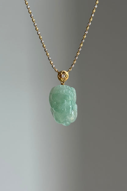 #P0494 "Pixiu" Highly Icy Green Jadeite Jade 18K Yellow Gold Pendant