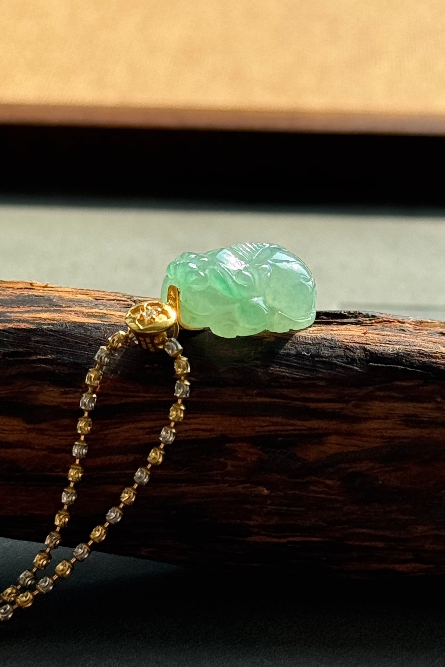 #P0522 "Pixiu" Icy Green Jadeite Jade 18K Yellow Gold Pendant