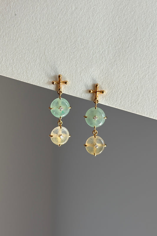 #E0307 "Blossom Bi" Highly Icy Green Jadeite Jade Donut Diamonds 18K Yellow Gold Earrings