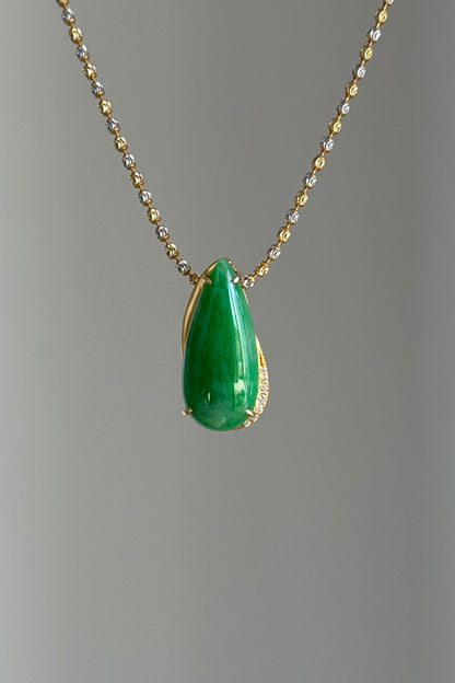 #P0465 "Water Drop" Vivid Sun Green Jadeite Jade 18K Yellow Gold Pendant