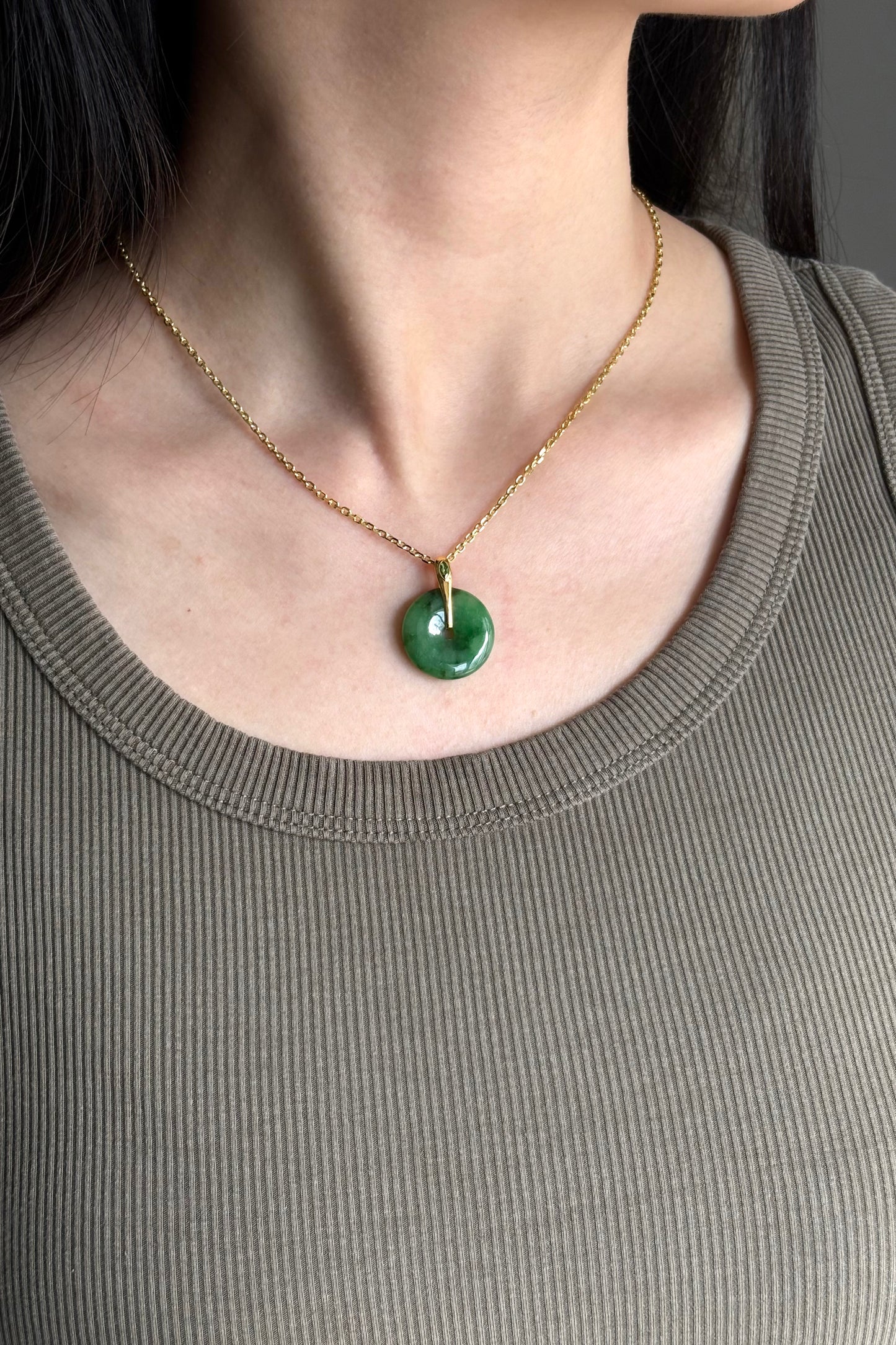 #0447 "Ping An Kou" Silky Rich Green Jadeite Jade Donut 18K Yellow Gold Pendant