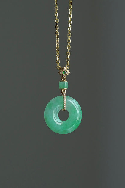 #P0434 "Bi" Icy Bright Sun Green Jadeite Jade Donut 18K Yellow Gold VS Diamonds Pendant