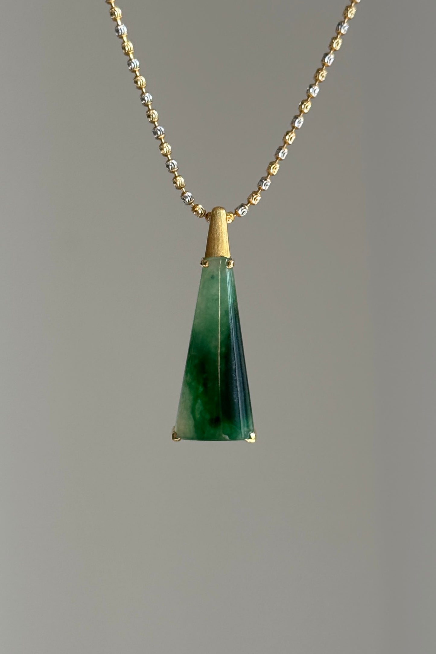 #P0445 "Wushi/Peace" Icy Rich Green Jadeite Jade Peace 18K Yellow Gold Pendant